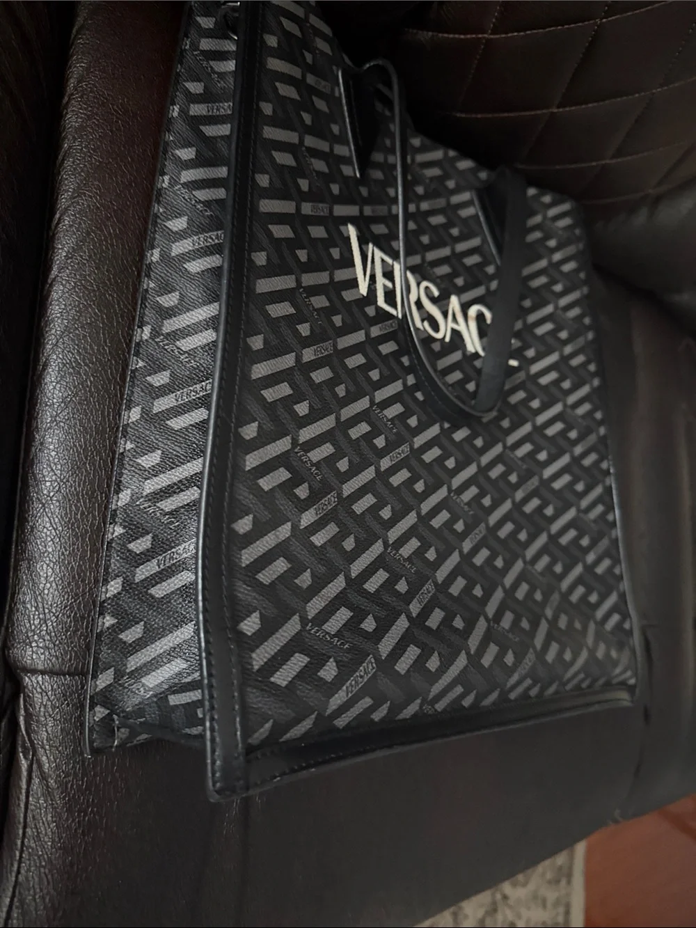Versace Black and Gray Patterned Messenger Tote with Gold Logo